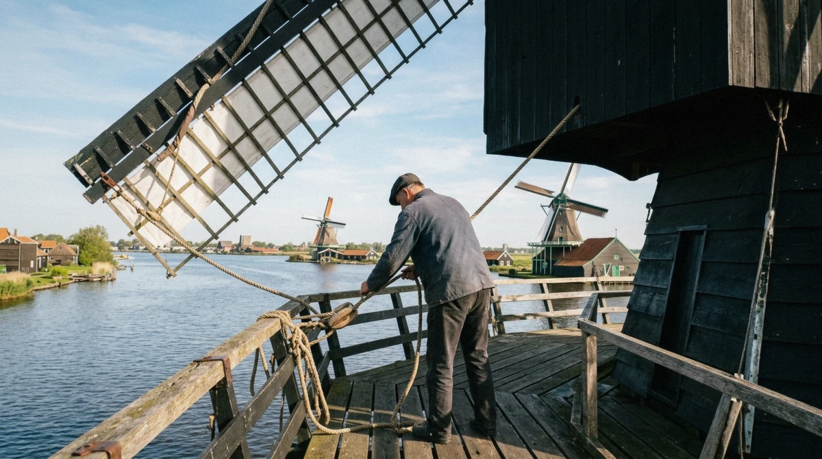 A miller working on the wooden gallery of a smock windmill at Zaanse Schans with the sails turning above him