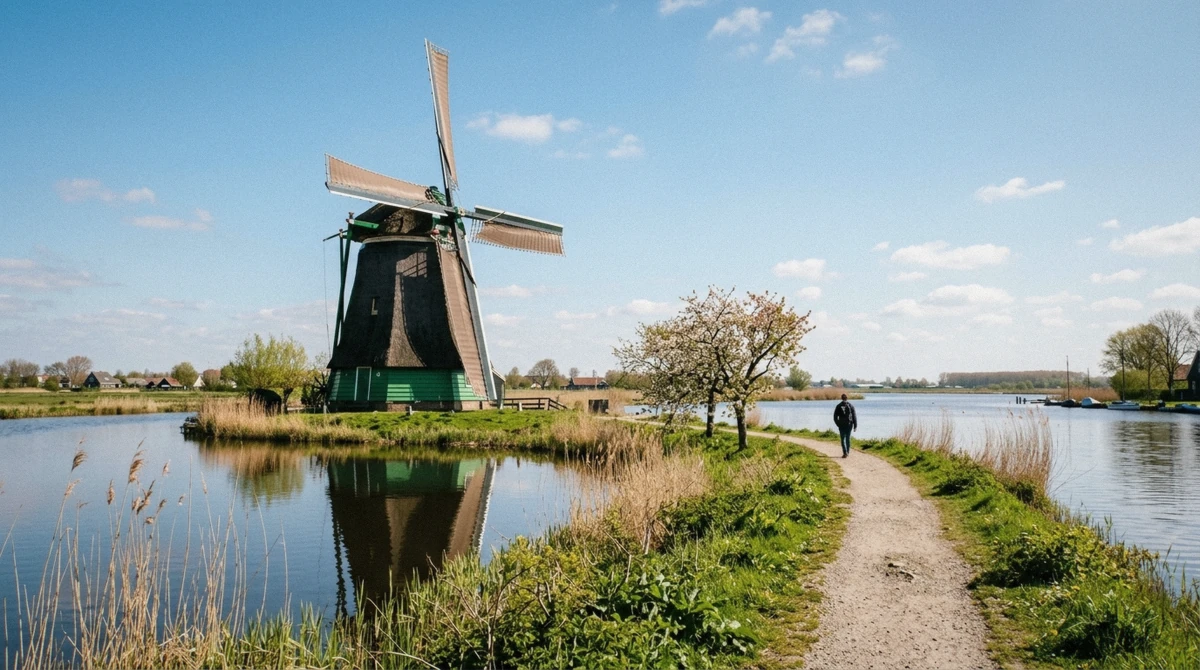 A windmill on the bank of the Zaan at Zaanse Schans under a clear spring sky with fresh green grass and blossom on the path
