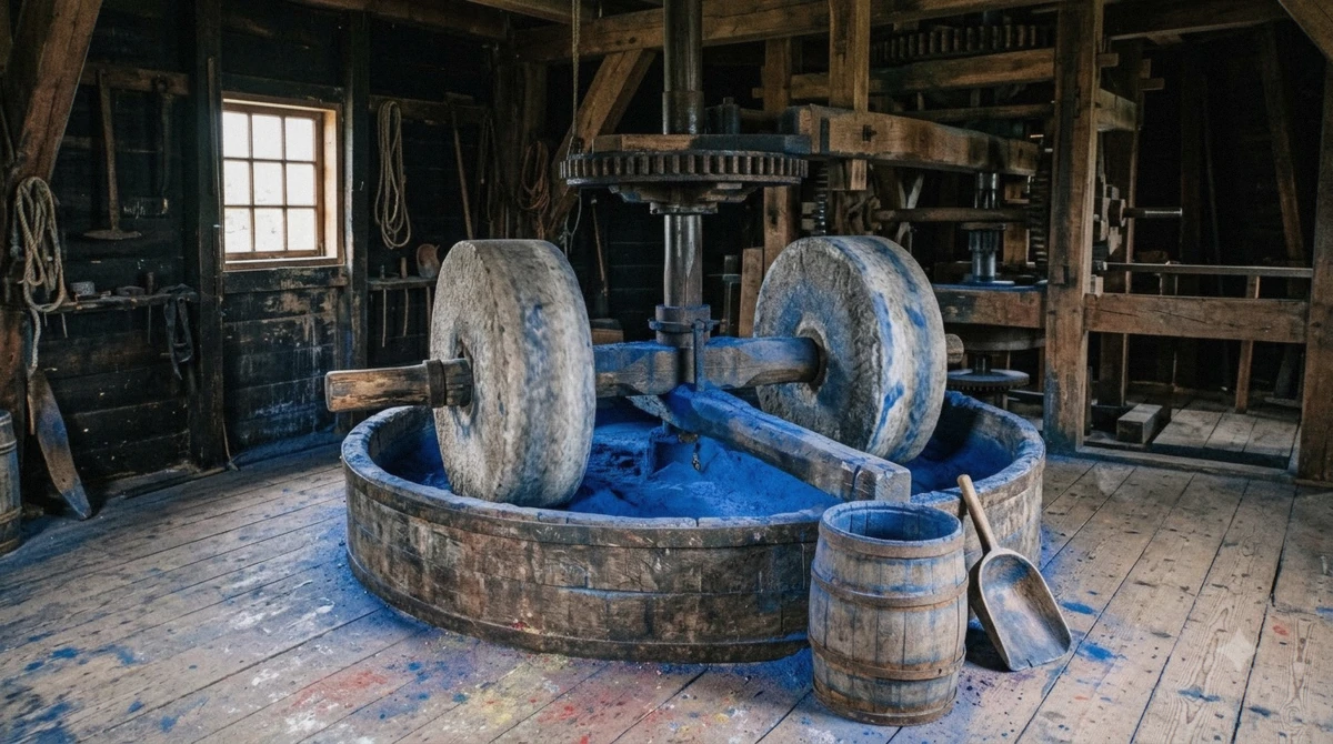 Stone runners grinding blue pigment inside De Kat, the best windmill to visit at Zaanse Schans