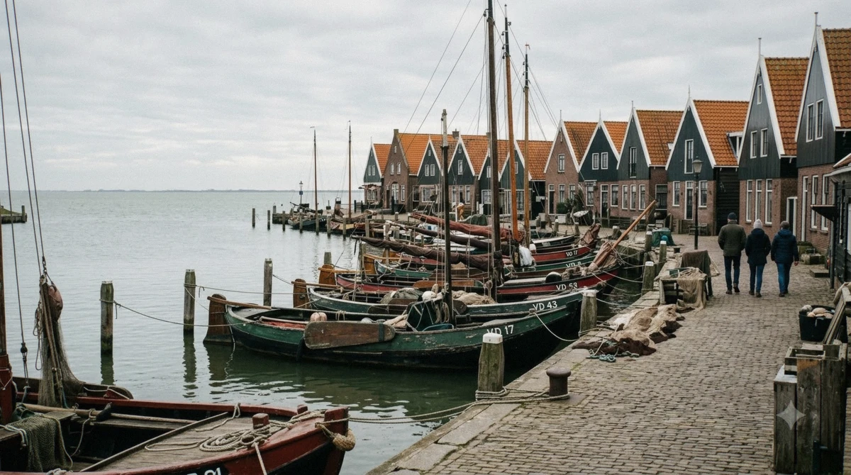 Fishing boats moored at the harbour front in Volendam, the second stop on the Zaanse Schans, Volendam and Marken half day tour from Amsterdam